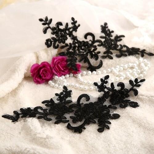 Black Applique Patches Embroidered Flowers Floral Clothing Accessories Embroidery Lace Motif for wedding veil and dress