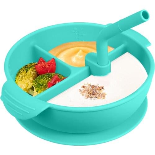 One-piece Silicone Placemat with Cover and Straw BPA-Free Heat-resistant Baby Food Plate Mat with 3 Separated Placement for Kids