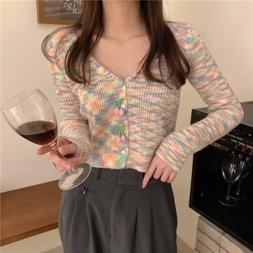 Cardigan Women Autumn and Winter New Cherry Decoration Slimming Knitted Sweater Rainbow Color Stitching Short Thin Cardigan Tops