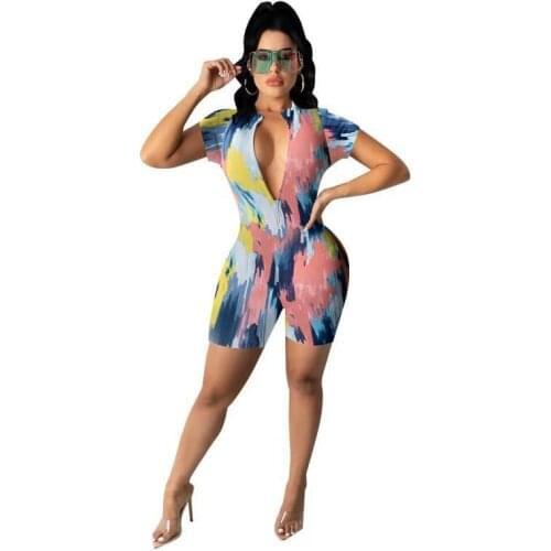 Summer Tie Dye Print Women' s Playsiut Romper Sexy Zipper V Neck Short Sleeve Shorts Bodycon Club wear Jumpsuit Women Clothing