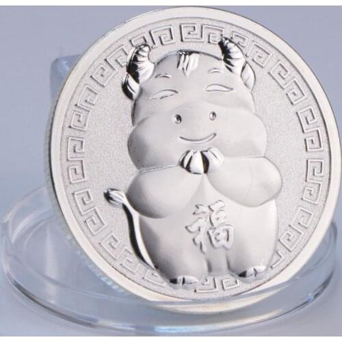 Non Magnetic The Year Of Ox ONE Troy ONCE Silver Plated Coin Chinese Lucky Bull Cattle Commemorative Coins монета год быка