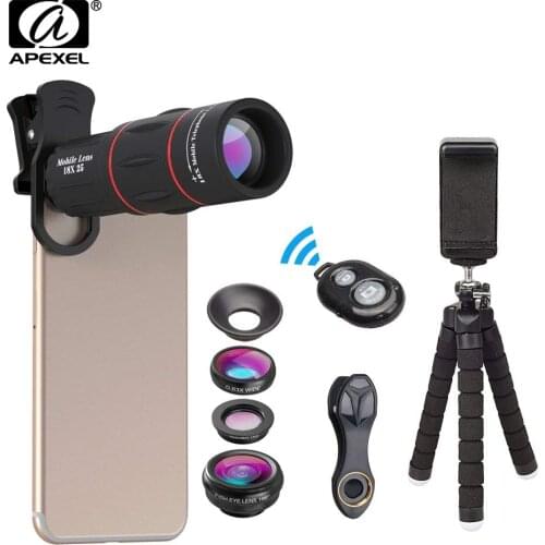 APEXEL Phone Lens Kit Fisheye Wide Angle macro 18X telescope Lens telephoto for iphone xiaomi samsung galaxy android phones