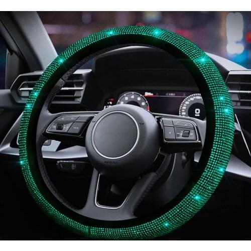 Olive Green Car Steering Wheel Cover Accessories Women Bling Rhinestones Set Interior Auto Decor Styling Luxury Emerald Series