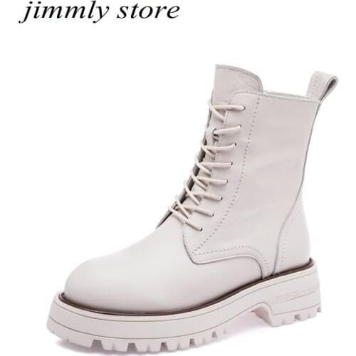 Autumn Ankle Boots Women Cow Leather Platform White Boots Ladies Shoes Casual Round Toe Short Motorcycle Boots