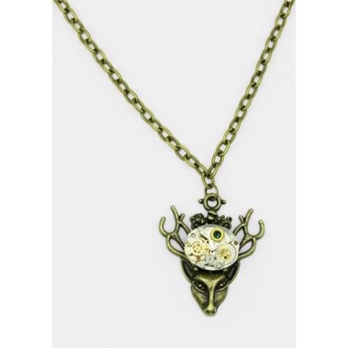 Retro Deer Head Necklace Fashion Watch Movement Steampunk Pendant Gears Pattern Unisex Jewelry For Women Men
