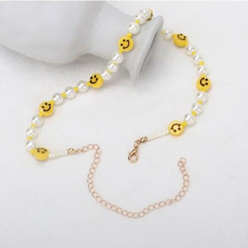 Cute Lovely Yellow Color Smile Face Pendant Necklace for Women 2021 Trendy Imitation Pearl Beads Chokers Necklaces Jewellery