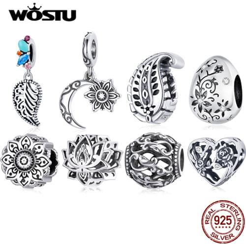 WOSTU 925 Sterling Silver Bead Blooming Lotus Charms Flower Pendant Fit Original Bracelet Necklace Good Lucky Jewelry CQC1724
