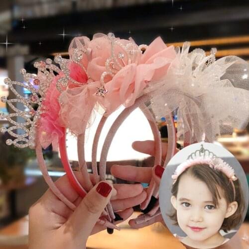 Pink Tulle Bowknot bow Hair Band Rhinestone Crown Patch Headband For Girls/Kids High Quality Headwear Hairbands Hair Accessories