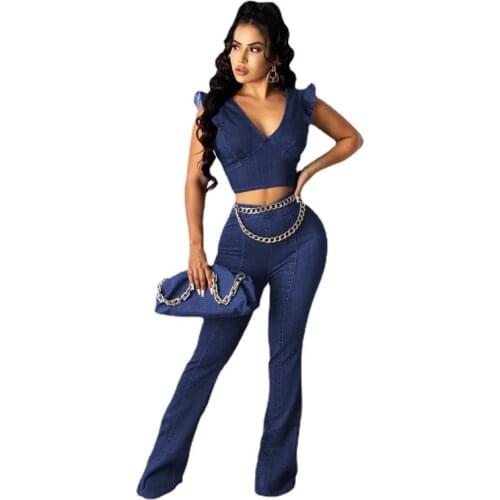 Sexy 2 Piece Set Women Denim Two Piece Set Summer Ruffles Corset Crop Top and Bottom Jeans Flare Pant Suit Matching Sets Outfits