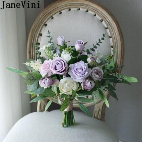 JaneVini Western Style Wedding Flowers Bridal Bouquets Macaron Purple Roses Artificial Ivory Peonies Bride Hand Flower Brooch