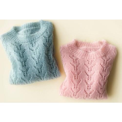 Elfbop 2020 Spring Ladies Mohair Wool Hollow Out Patchwork Long Sleeve Jumper - Ladies Pink/Green Solid Color Pullover Sweater