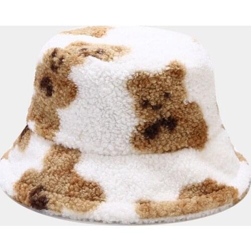 Bucket Hat Women Fluffy Bear Autumn Winter Warm Holiday Accessory For Young Lady Teenagers Outdoors