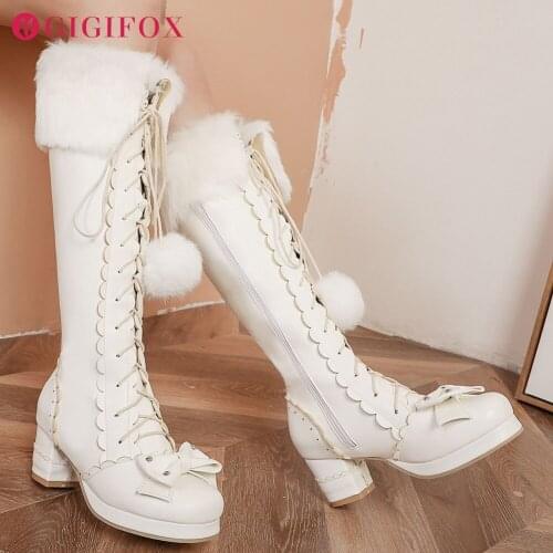 2021 Winter Sweet Lolita Gothic Style Halloween Cosplay Girls Lovely Bow Tie Scalloped Fur Ball Women Shoes Knee High Boots