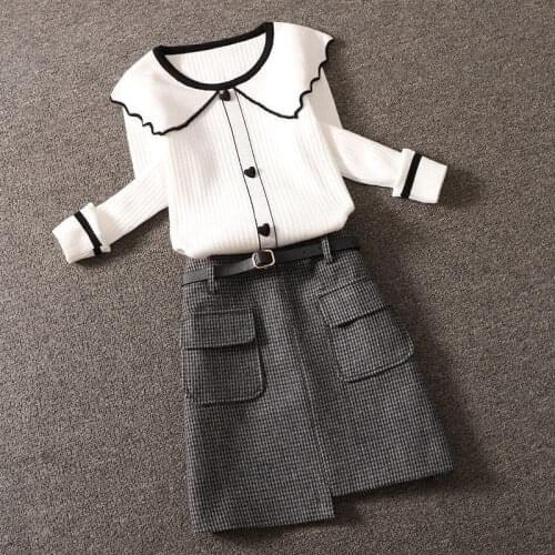 2021 Autumn Spring Fashion Sweater Two Piece Set Women Peter Pan Collar Knitted Tops and A-line Plaid Tweed Skirt Sets Y393