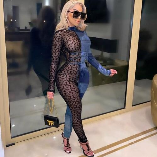Leopard Patchwork Print Bodycon Jumpsuit Women Mesh Sheer Skinny Lace Up Cross Bandage Romper Sexy One Piece Night Club Outfits