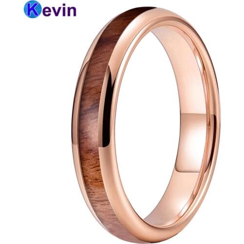 6MM Rose Gold Tungsten Men Women Ring Wedding Band With Koa Wood Inlay Dome Band Comfort Fit