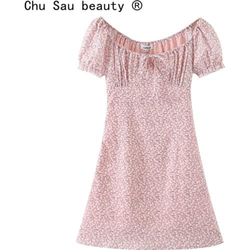 Chu Sau beauty Casual Chic Floral Print Mini Dress Women Holiday Ruffles Dress Female Summer V-neck Short Sleeve Ladies Dresses