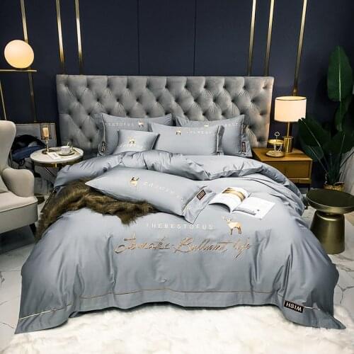 2020 Luxury Egypt Cotton Simple Hotel Style Bedding Set Elk Embroidery Duvet Cover Flat Fitted Sheet Pillowcases 4Pcs