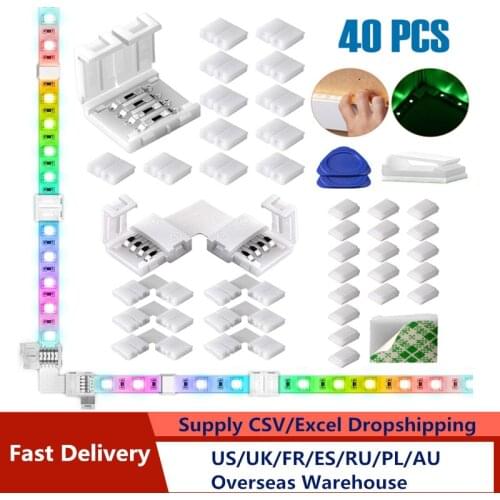 40Pcs 4-Pin RGB LED Light Strip Connectors 10mm LED Strip Gapless Solderless Adapter Terminal Extension Led Strip Connector
