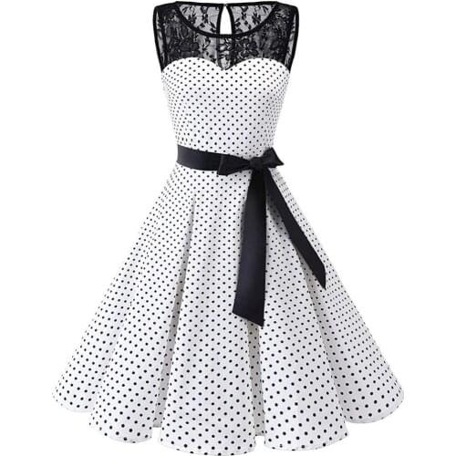 50%HOT Vintage Women Polka Dot Lace Patchwork Sundress Bow Belted Swing Midi Dress
