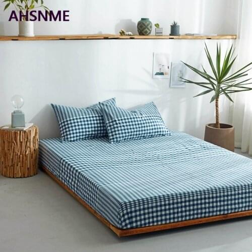 AHSNME Dark blue plaid 100% Cotton sheets Super Soft parure de lit Cool Summer Simple Water Fitted Sheet 135/150/200/180/200cm