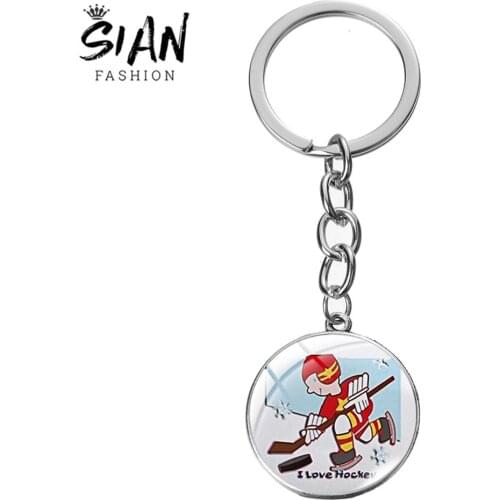SIAN I Love Hockey Cartoon Printing Keychain Ice Hockey Player Gift Field Leisure Sports Glass Round Pendant Handmade Key Holder