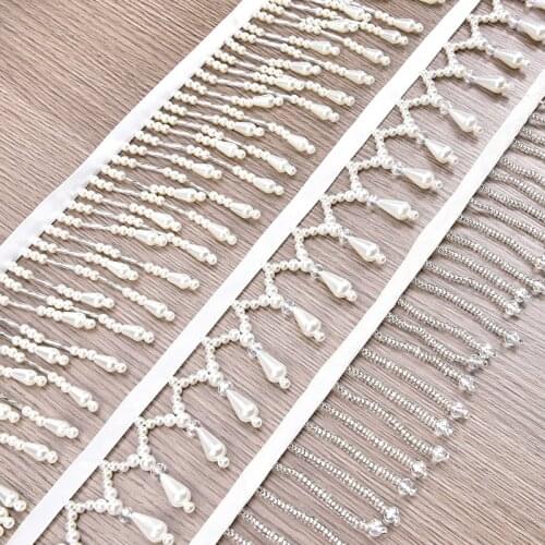 White Sewing Beaded Chain Lace Tassel Trimming Hanging Pearl Applique for Wedding Decoration
