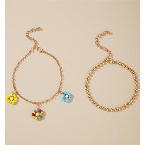 HI MAN 2 Pcs/Set Korean Mixed Small Round Beads Acrylic Color Flower Anklet Women Classic All-Match Friendship Gift Jewelry