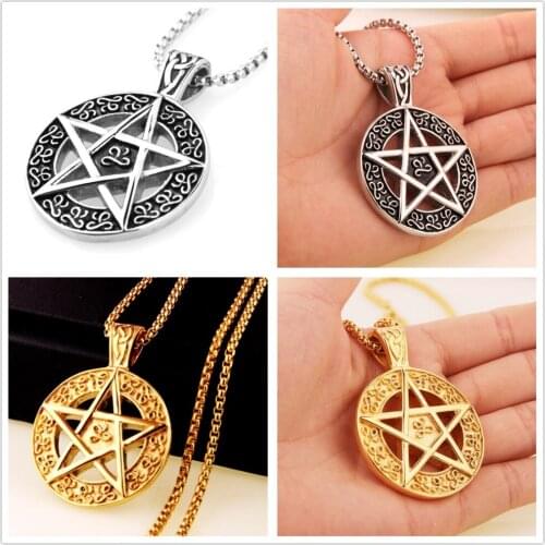 High Quality Stainless Steel Silver Color Gold Round Pentagram Five Star Hollow Biker Jewelry Mens Pendant Necklace Box Chain24"