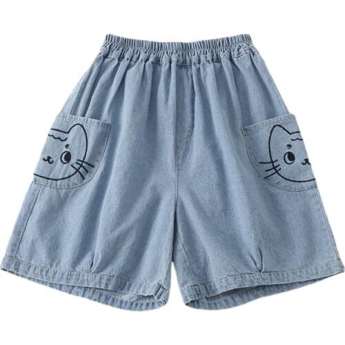 Bebobsons Denim Shorts For Teen Girls Elastic Waist Cute Kitten Print Pocket Female Jeans Women Summer Denim Shorts Preppy Style