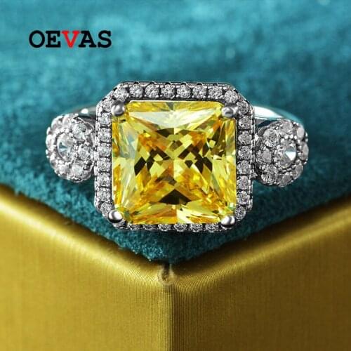 OEVAS 100% 925 Sterling Silver 10*10mm Yellow High Carbon Diamond Rings For Women Sparkling Wedding Party Fine Jewelry Wholesale