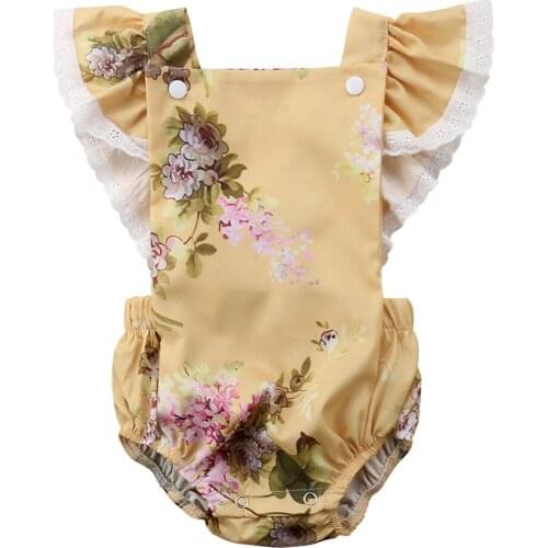 Newborn Infant Baby Girls Flying Sleeve Crossed Back Flower Lace Bodysuit Jumpsuit Sunsuit Outfits Clothes