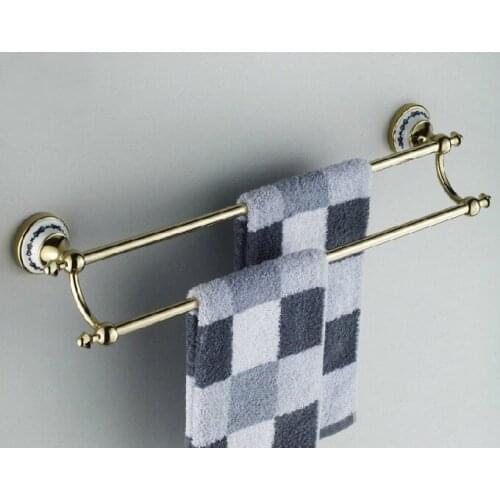 Wall Mounted Polished Gold color Brass Bathroom Double Towel Bar Towel Rail Holder Bathroom Accessory mba255