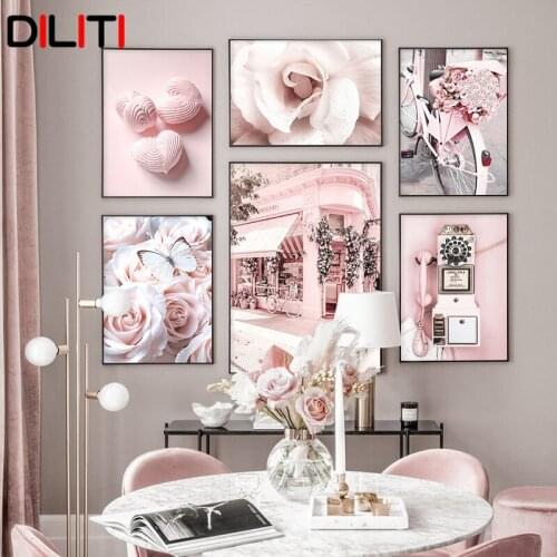 Pink Bike Rose Flower Print Poster Vintage Telephone Canvas Painting Nordic Heart Sandwich Biscuit Wall Pictures for Living Room