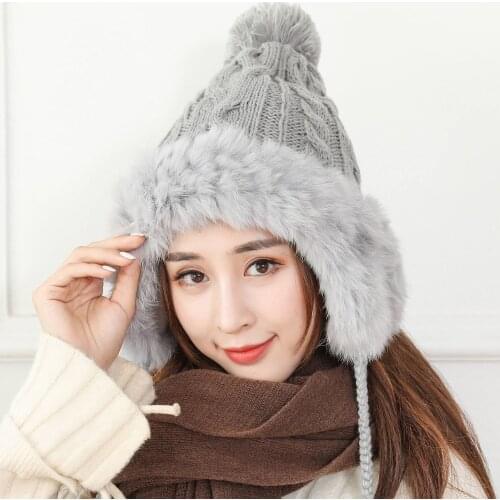 New arrival fashion women girls solid knit wool hat autumn and winter new handmade 3 balls comfortable soft warm rabbit hair hat