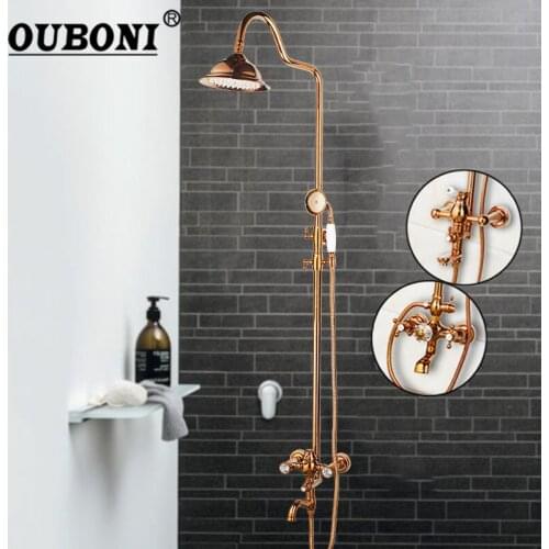 OUBONI Rose Gold Polish Solid Brass Bathroom Bathtub Shower Set Rainfall Head Crystal Dual Handles Shower Faucet Mixer Tap