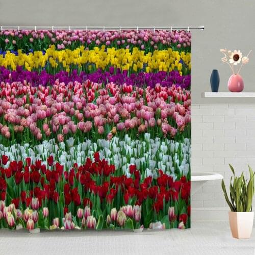 Pastoral Natural Scenery Shower Curtain Tulip Lavender Color Flower Tree Alpine Sky Pattern Decoration Bathroom Screen With Hook