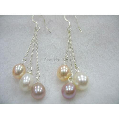 Freshwater pearl white pink purple rice silver 925 earrings nature one pair FPPJ