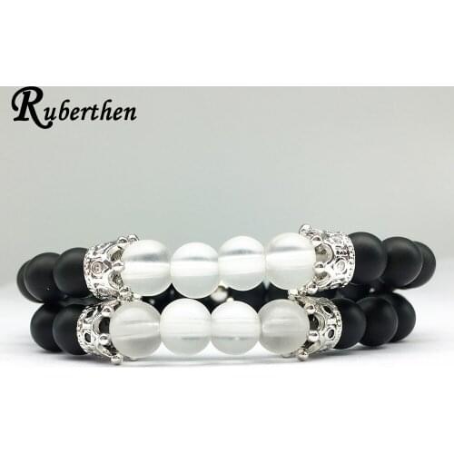 Ruberthen 2018 Simple Design Queen Charm Bracelet Natural Matte Black Onyx With Clear Quartzs Bracelet Trendy Powerful Jewelry
