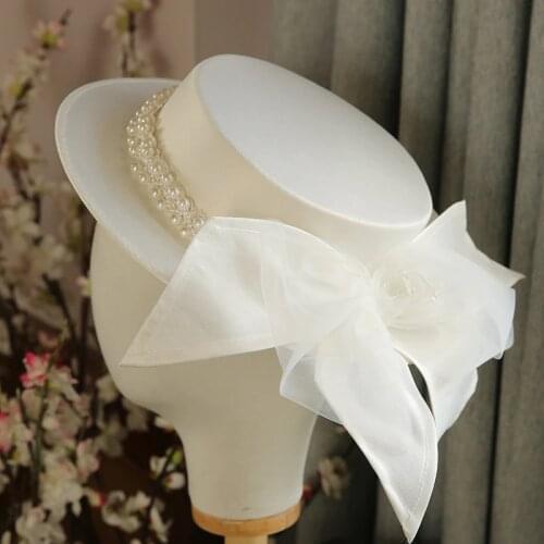 White Bows Wedding Hats for Women Elegant Pearl Hat SunShade Brithsh Style Hats Pacify Hat Wedding Accessories Bridal Headwear