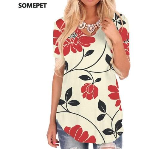 SOMEPET Flowers T-shirt women Cartoons Tshirts Printed Creativity V-neck Tshirt Art Funny T shirts Womens Clothing Fashion Loose