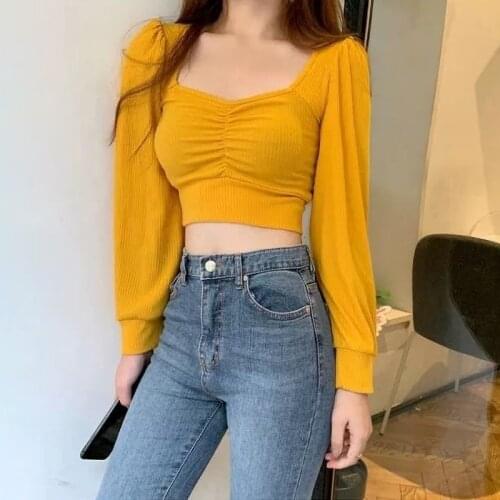 Knitted Cropped T Shirt Vintage Top Women Puff sleeve Basic Tshirt Skinny Sexy Korean Fashion Clothes 2021