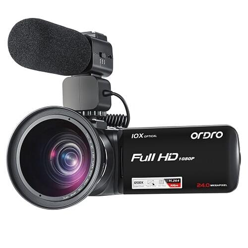 Ordro Z82 Camcorder Vlog Video Camera with Microphone Wide Angle Lens, 1080P Full HD, 10X Optical Zoom for YouTube Blogger