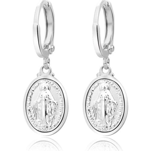 VILLWICE Religious Virgin Mary Earrings For Lady Women Girls Silver Color Madonna Dangle Earrings Catholic Jewelry Gift
