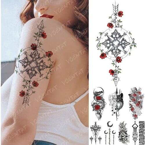 Waterproof Temporary Tattoo Sticker Compass Rose Vine Dragon Flash Tattoos Bird Poem Body Art Arm Fake Tatoo Women Men