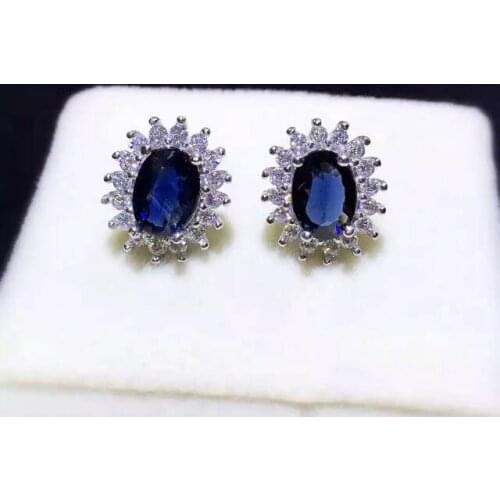 Natural sapphire stone earrings 925 silver Natural blue gemstone earring for women Classic elegant round fashion fine Earrings