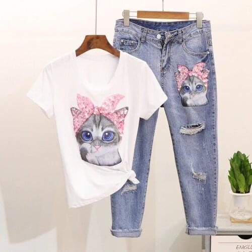 Amolapha Women Cartoon T Shirts Jeans Suits Casual Short Sleeve Sequins Tshirt+Calf-Length Denim Pants Sets for Ladies Woman