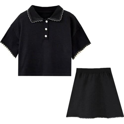 PERHAPS U Women Two Pieces Set Black Gray Turn Down Collar Mini Skirt Summer T0210