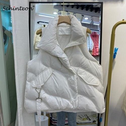 Schinteon Women White Duck Down Short Vest Casual Loose Over Size Stand Collar Winter Warm Waistcoat Gilet Korean Style New 2021