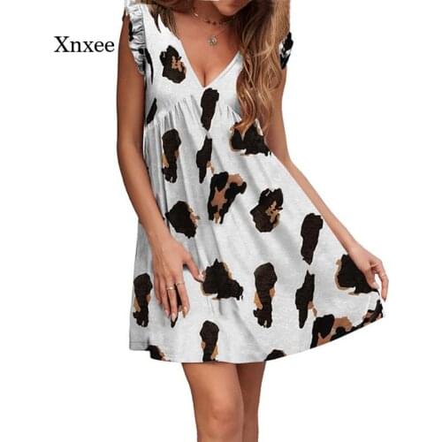 2021 Summer Women a Line Ruffle Mini Dress Leopard Print Beach Casual Hedging V Neck Stitching Short Sleeved Maternity Clothes